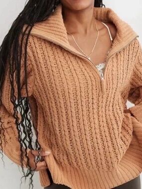 aerie Cable-Knit Half-Zip Sweater in Camel